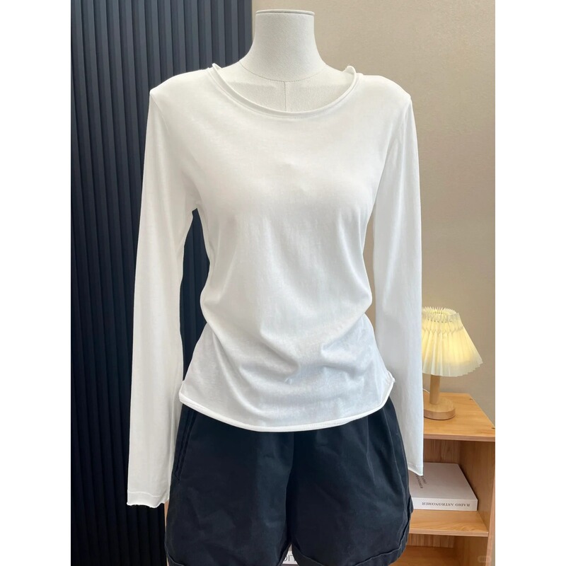 Thin Rolled Edge Round Neck Bottoming Shirt for Women, Slim Long-Sleeved Women's Spring & Fall Versatile Bottoming Shirt, Right Shoulder Slimming Look Sun Protection Top