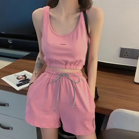 Tight Waist Shorts Vest Wide-leg Pants Women's Figure Two-piece Set 2024 Summer Slim-fit New Sports Suit for Women