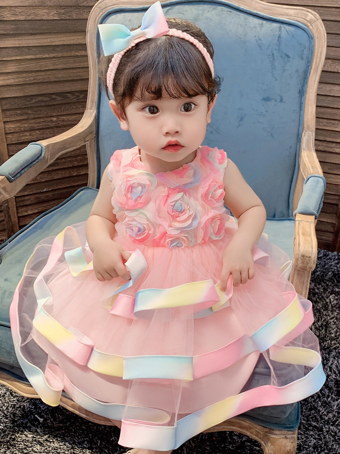 Vestido para niñas, vestido de bautizo para bebés de un año, vestido de princesa con flores tridimensionales de malla, vestido de cumpleaños con falda abullonada de colores.