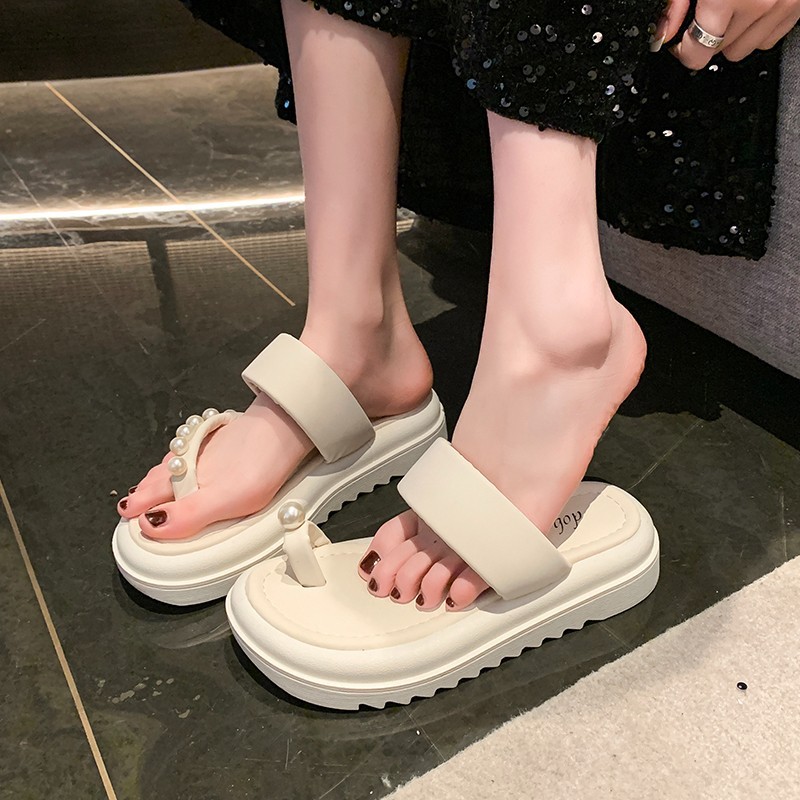 厚底增高小个子鸳鸯拖鞋女2024夏季串珠夹趾人字凉拖外穿套趾松糕