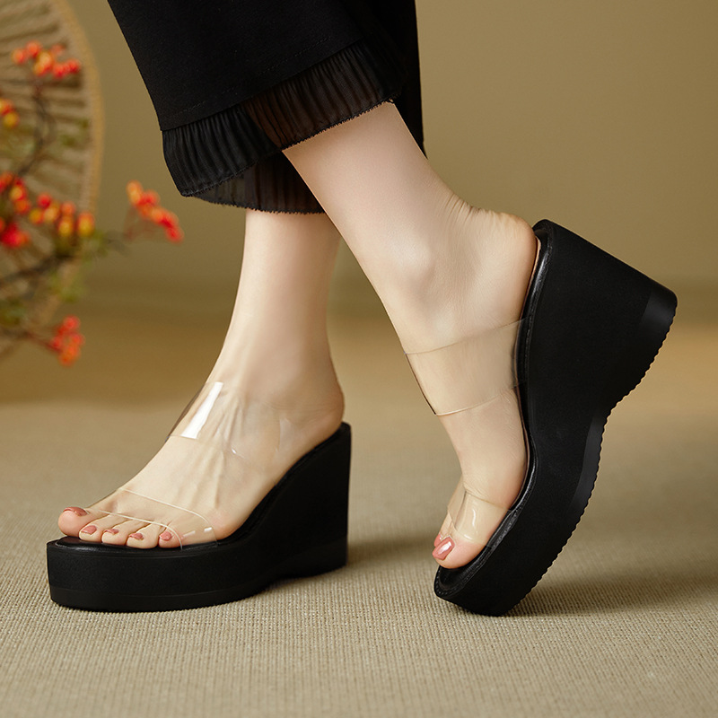 Dép sandal nữ quai ngang đế xuồng cao gót trong suốt — màu đen, màu mơ
