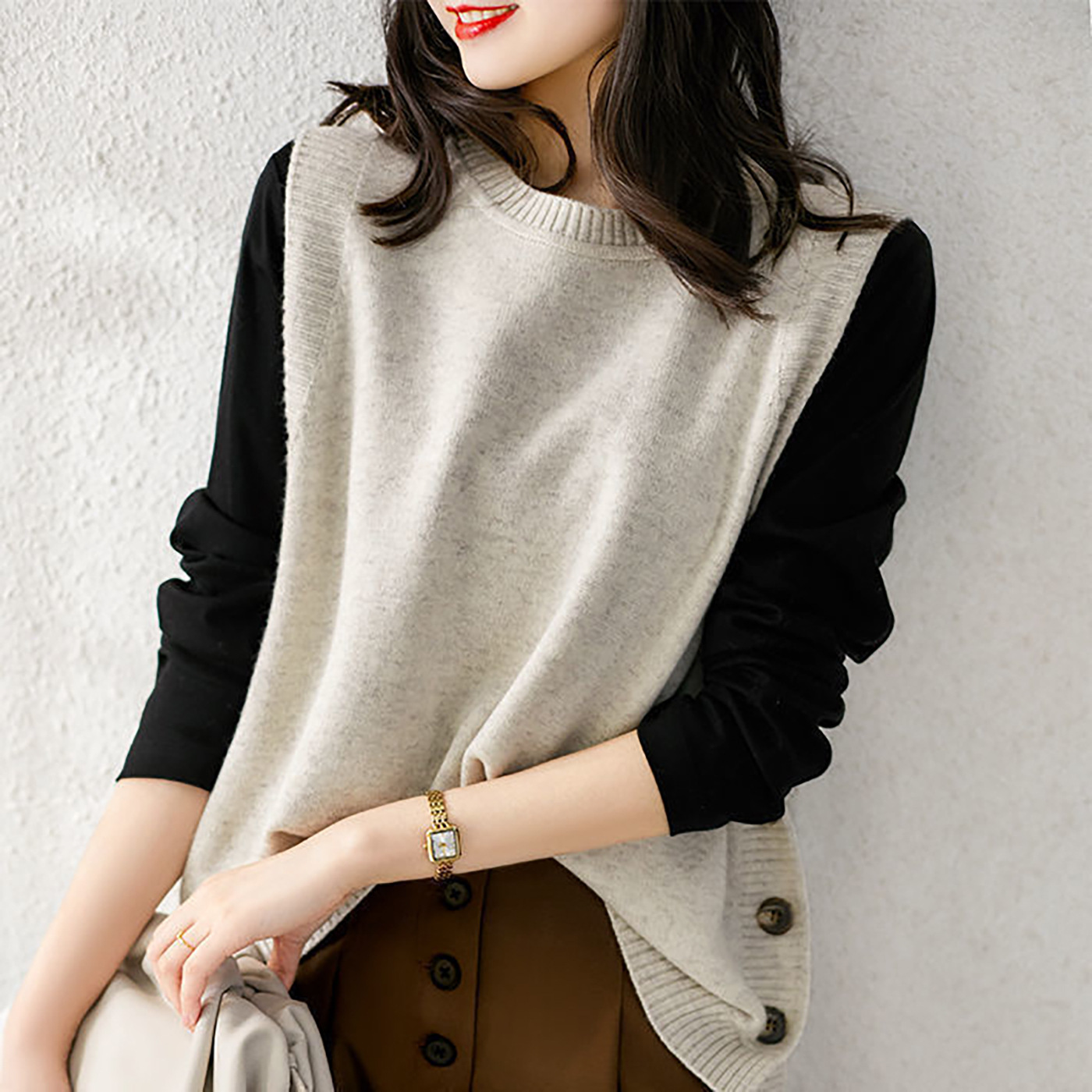 Chaleco suéter estilo coreano de las mujeres 2021 primavera y otoño nuevo suéter suelto cuello redondo sin mangas suéter exterior chaleco