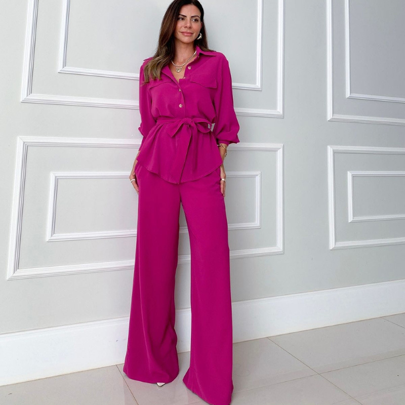 GraceChic GraceChic Set casual alla moda latino-americana, elegante, tinta unita, con maniche a lanterna, camicia monopetto a vita alta_voghion.com