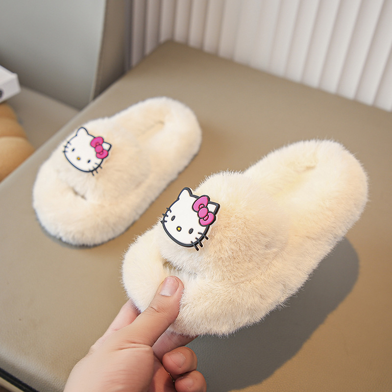 Girls' Furry Slippers 2025 Autumn and Winter New Fashion Cute Cartoon Cat Thick-Soled Home One-Line Plush Slippers