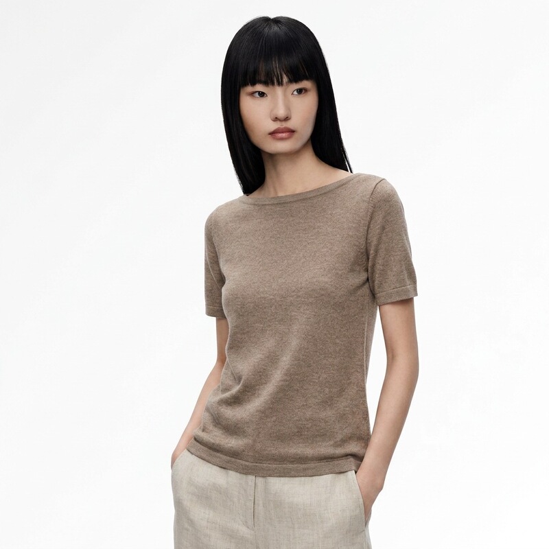 85% Mulberry Silk + 15% Cashmere Off-Shoulder Short-Sleeve Women's Consinee Yarn T-Shirt for Summer, Cross-Border Support for Live Streaming