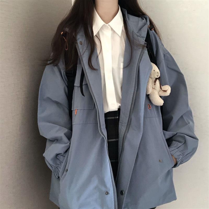 Korean Style Solid Color Hong Kong Style Jacket for Female Students Spring and Autumn Long Sleeve Hooded Loose All-match Casual Work Jacket Trendy Top