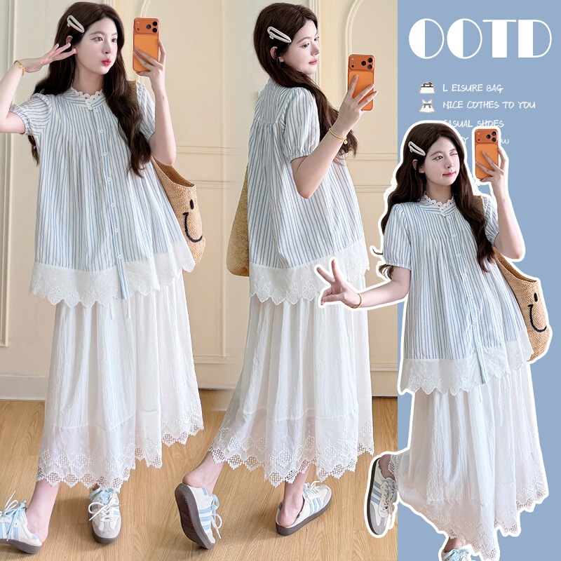 Maternity Wear 2026 Summer New Style Loose Striped Lace Top + Lace Skirt Two-Piece Maternity Set
