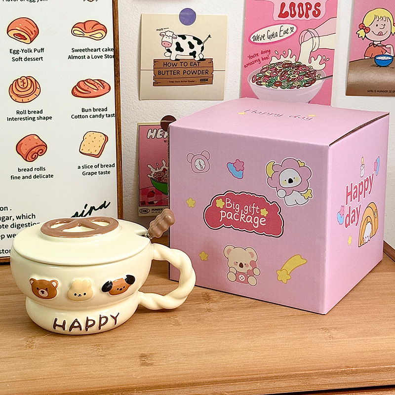 Taza de cerámica Taza de agua para el hogar Taza con tapa Cuchara Regalo de cumpleaños creativo Taza de desayuno femenino Regalo de mano de gran capacidad