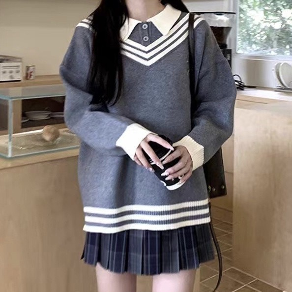 Estilo preppy rayas falso suéter de dos piezas para las mujeres primavera y otoño nuevo cuello de polo suelto dulce JK