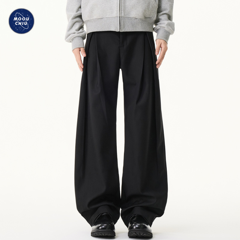 Muqiu Men's Clothing | Fleece-Lined and Thickened Casual Suit Pants for Tall Men, Loose Fit, Double Pleats, Wide-Leg, Extended Length Dress Pants