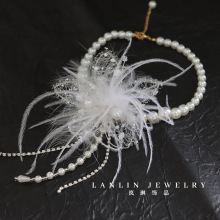 超仙新款新娘羽毛项链手工珍珠蕾丝花颈链百搭结婚礼服写真配饰女