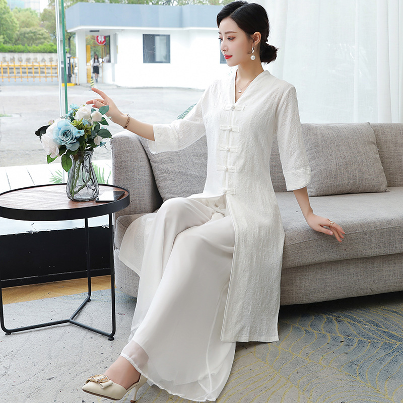 女性用禅服、春夏改良チャイナドレス、中国風文学レトロ綿麻ボタン付きヤングティードレススーツ|undefined