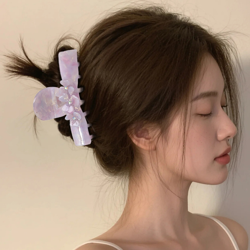 新款高级感醋酸抓夹大号镶钻发夹唯美优雅立体花朵鲨鱼夹发饰女|undefined