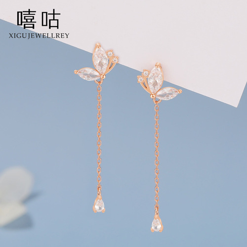 Xigu E1183 S925 silver small fresh butterfly diamond tassel earrings feminine forest style sweet earrings
