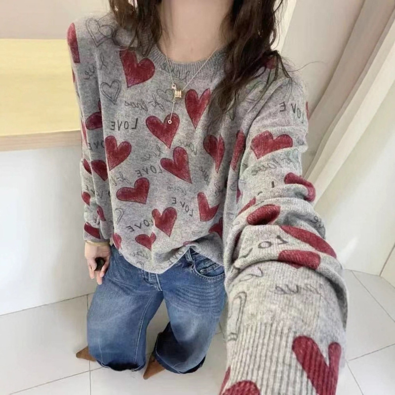 韩版慵懒风字母爱心毛衣女2025秋季时尚高级感减龄宽松长袖针织衫|undefined