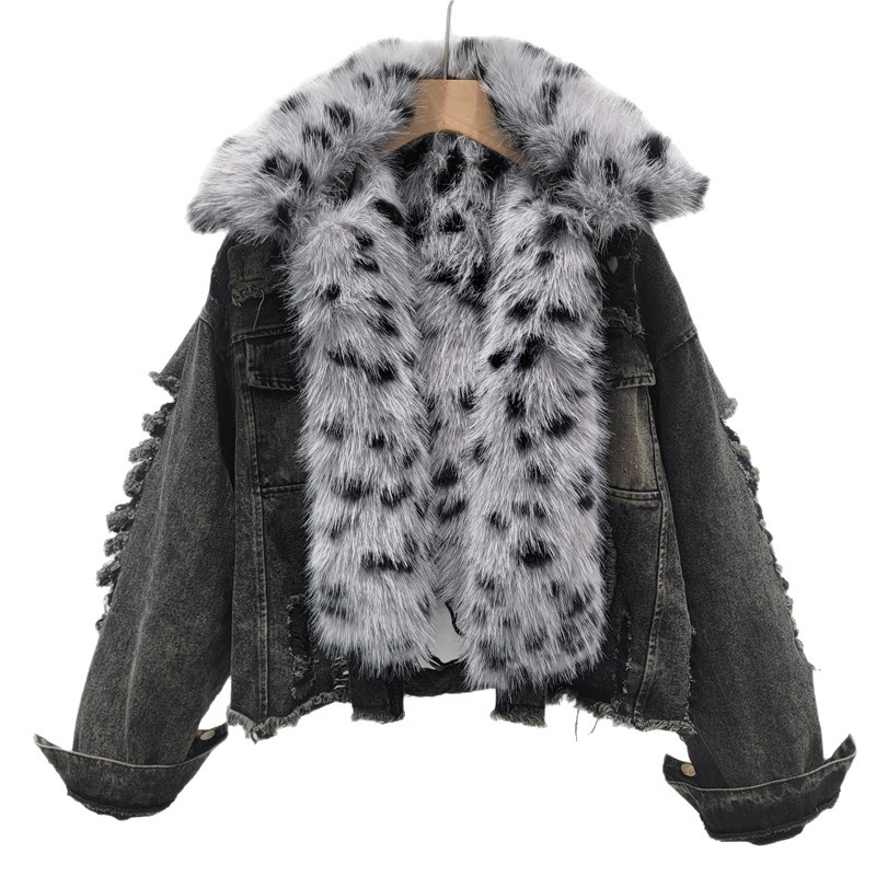 Jeans estampado de leopardo abrigo de algodón de cuello de piel mujer agujero suelto empalme chaqueta corta de algodón grueso calentamiento