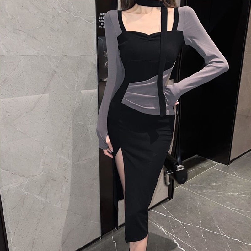 Spice Girls Pure Desire Square Neck Split dress Autumn 2025 New Women's Waisted Stitching Hip Mid-length Dress Spice Girls Pure Desire Square Neck Split dress Autumn 2025 New Women's Waisted Stitching Hip Mid-length Dress