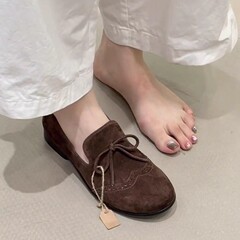 羊皮版~复古风新款雕花绒面蝴蝶结乐福鞋女一脚蹬圆头平底小皮鞋