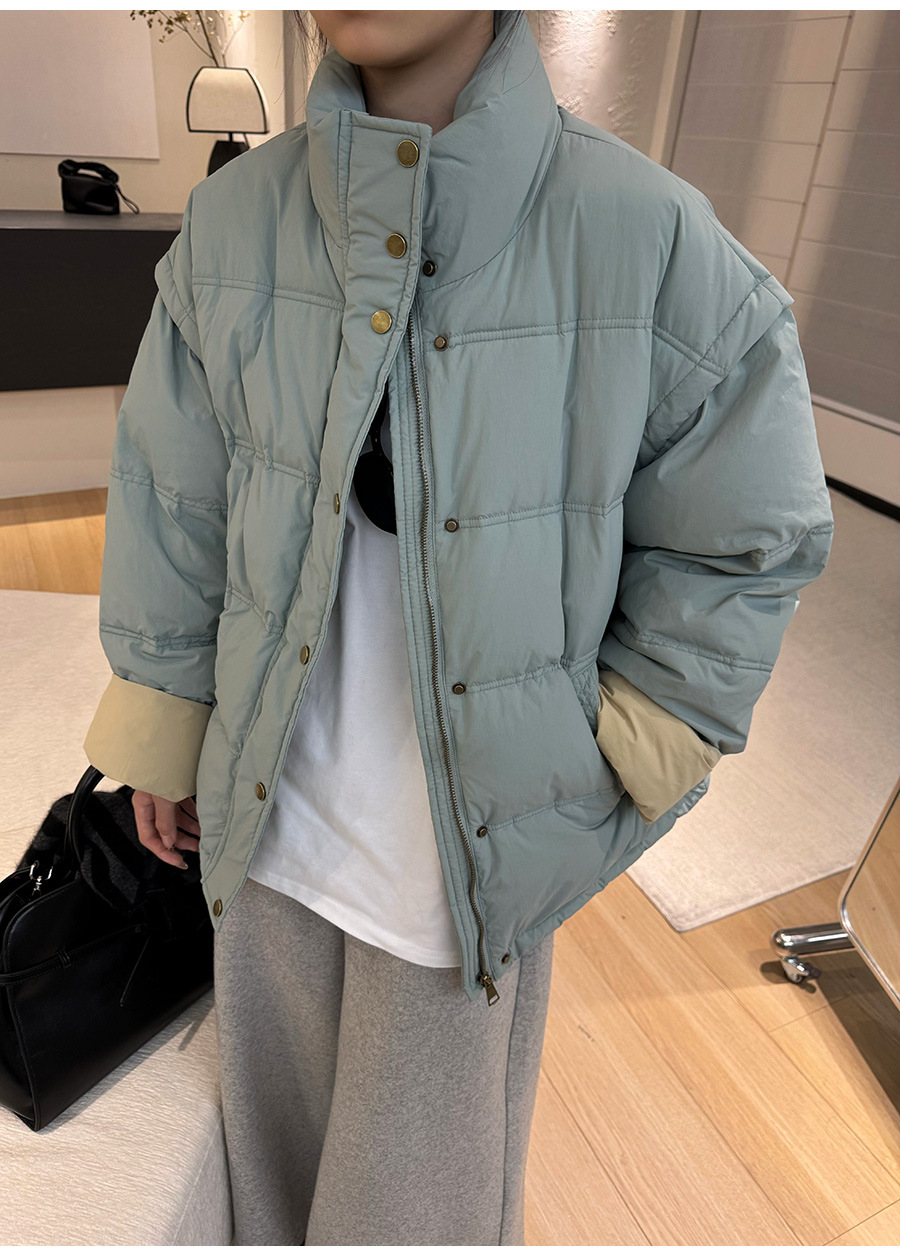 黎诺韩系休闲拼色白鸭绒羽绒服女2024冬季新款立领宽松面包服外套详情12