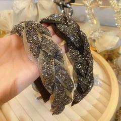 水鑽寬邊麻花辮髮箍女高爐頂發卡盤發歐根紗高級感發卡頭批發