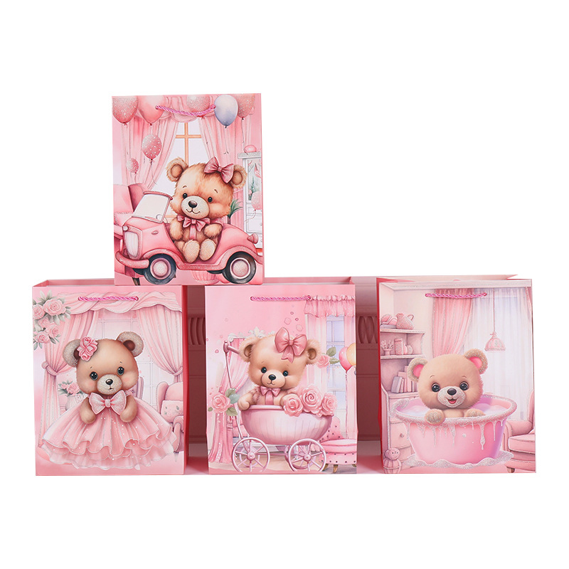 可爱小熊白卡纸袋情人节新款白卡礼品袋外贸批发商超跨境手提袋