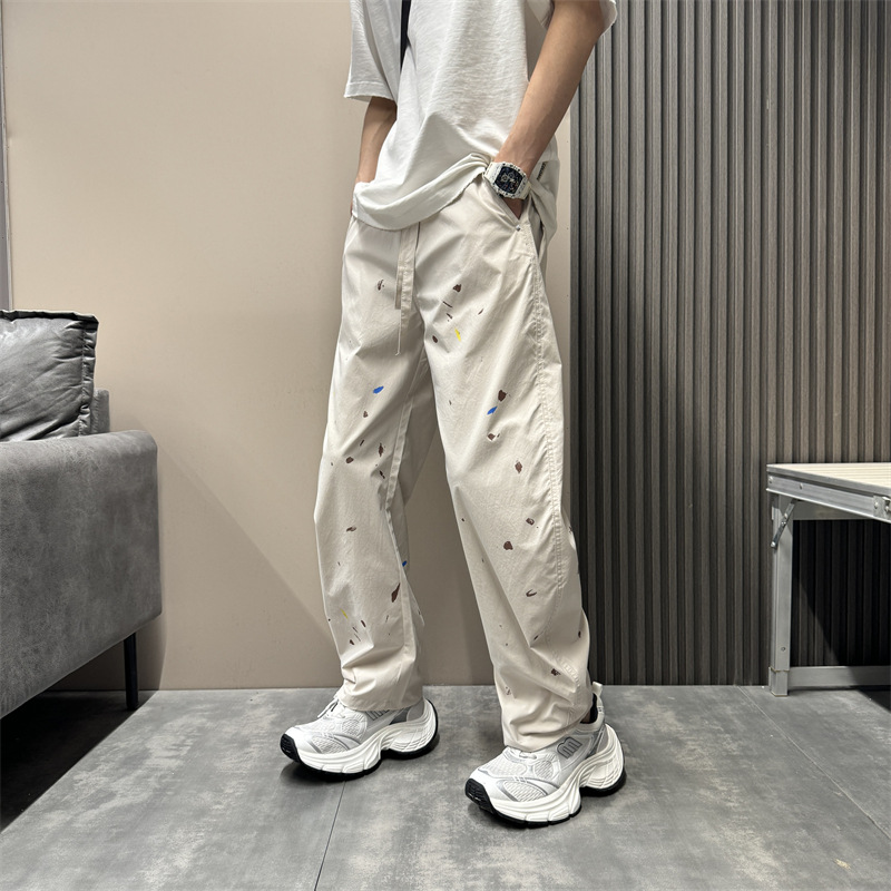 Pantalon décontracté à coupe étroite pour homme, coupe ample, coupe droite, coupe incurvée, sensation haut de gamme, effet vieilli, encre éclaboussée_voghion.com