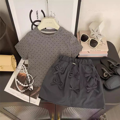 Girls Short Sleeve Suit Summer 2024 New Trendy Children's Fashionable Summer Little Girl Skirt Two-Piece Set