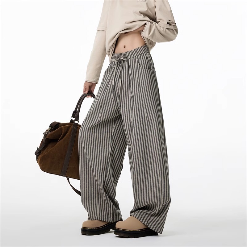 American Slack Vertical Striped Casual Pants Men's And Women's Spring Lazy Wind Drop Straight Pants Scimitar Wide Leg Floor Pants_viptrois.com
