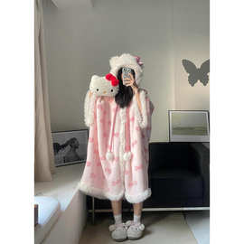 甜美少女kt冬季新款加绒加厚睡衣女珊瑚绒软妹家居服斗篷睡裤套装