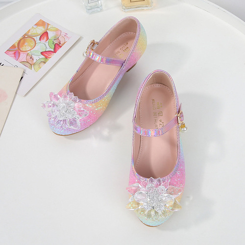 Children's High Heels Spring and Autumn New Girl Crystal Leather Shoes Children's Princess Shoes Middle and Large Children's Walking Show Soft Sole Children's Shoes