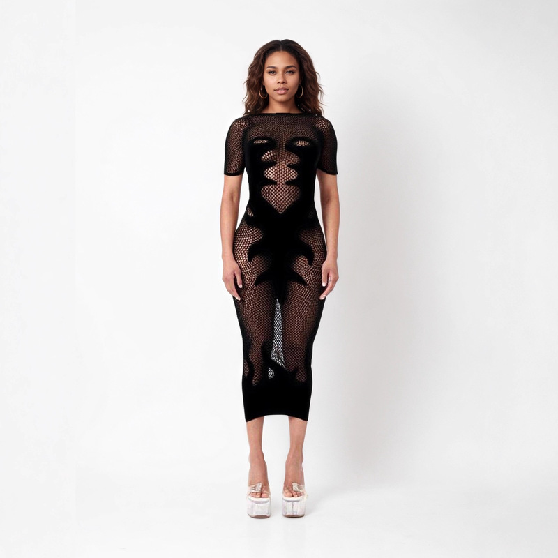 Trendy European and American Cross-Border Nightclub Mesh Hollow-Out Bodycon Dress Slim-Fit Patchwork Sexy Slimming Mid-Length Dress