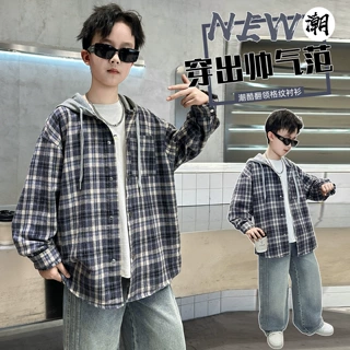 男童格子外套春秋款2026新款儿童长袖连帽衬衫中大童秋季炸街上衣