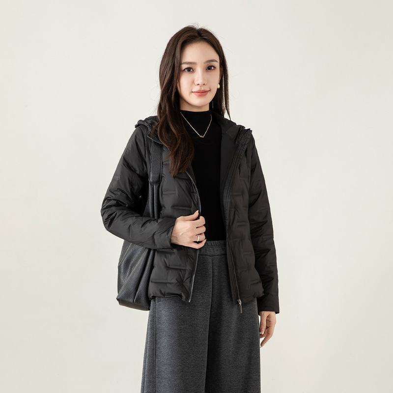 Yifei White Duck down Hooded Lightweight down Jacket Women's Stretch Patchwork Top 2025 Autumn and Winter New Slim Short Jacket