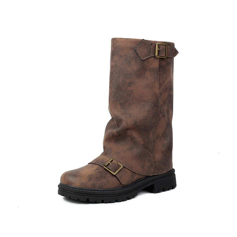 trouser boots belt buckle round head boots autumn and winter plus size women's boots cross-border foreign trade A03