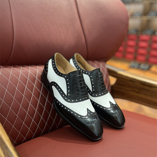 Men's Brogue Carved Splicing Leather Shoes Men's Genuine Leather Formal British Black and White Color Blocking Champagne Oxford Shoes Business