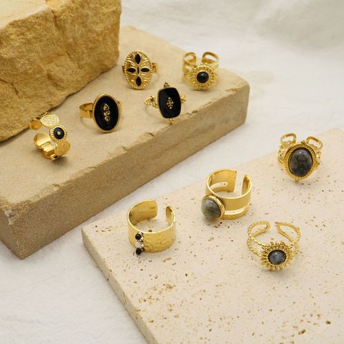 Cross-border natural stone titanium steel ring does not fade European and American retro gold open ring hand jewelry ring wholesale