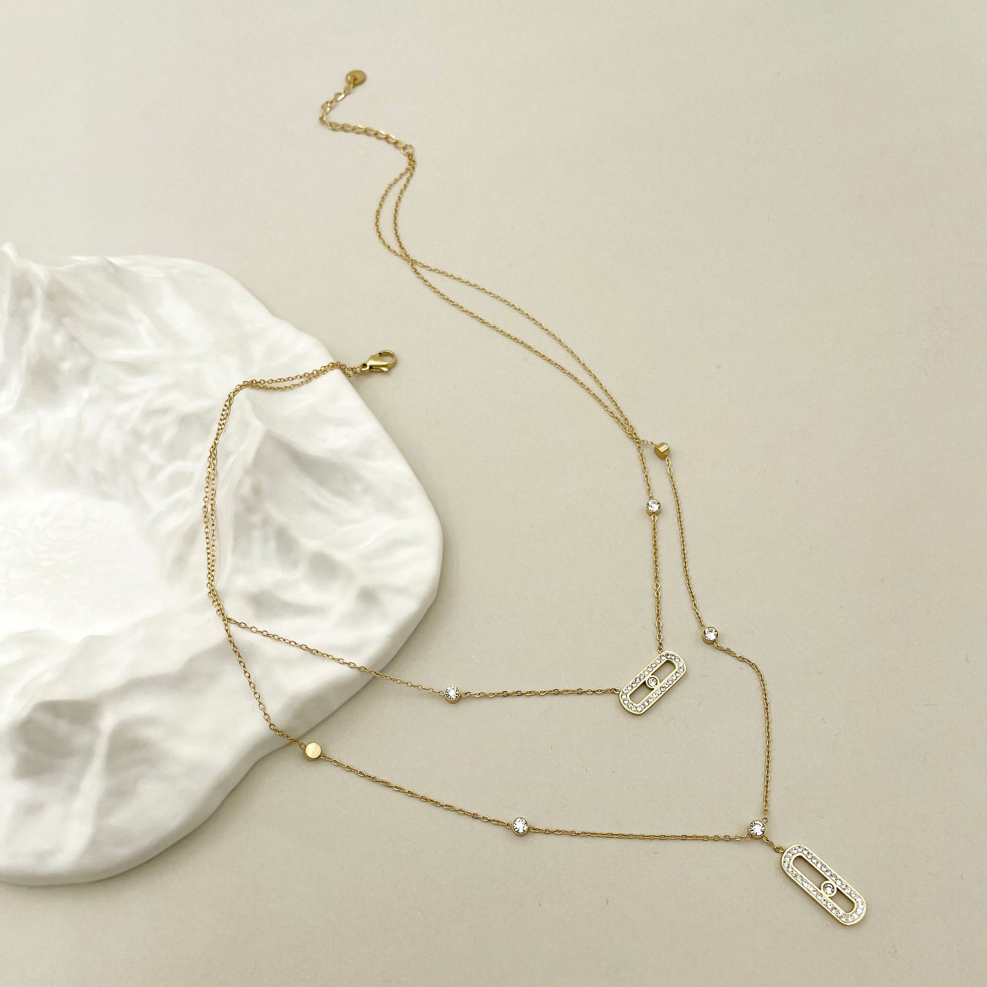 Fashion Paper Clip Stainless Steel Plating Zircon Layered Necklaces