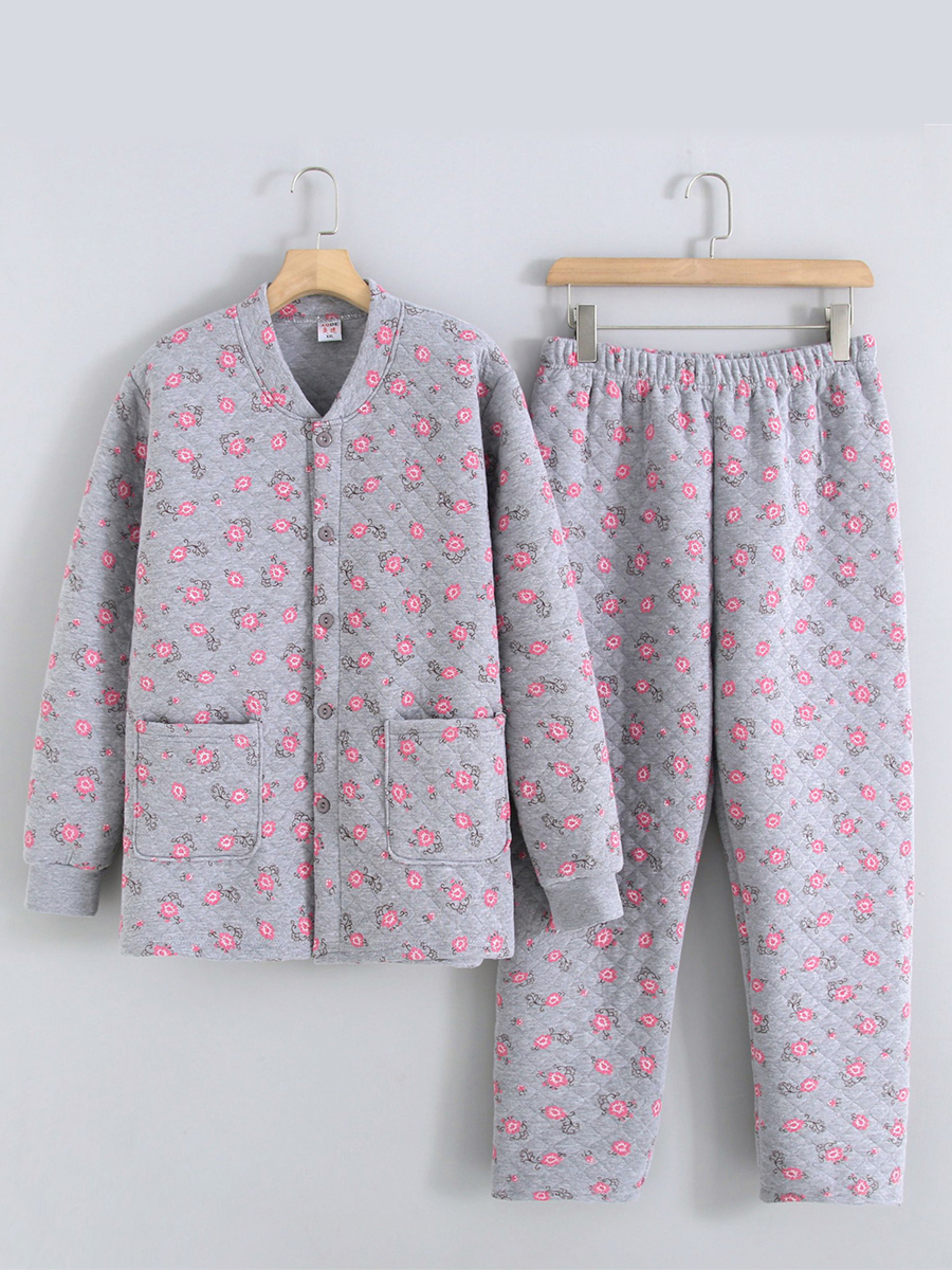 Autumn and Winter Middle-Aged and Elderly Women's Pure Cotton Three-Layer Quilted Thickeneded Large Size Mother's Thermal Intimates Set Grandma's Thick Pajamas