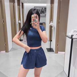 跨境AL夏季内搭打底短款露脐短袖上衣女运动瑜伽正肩短袖T恤女