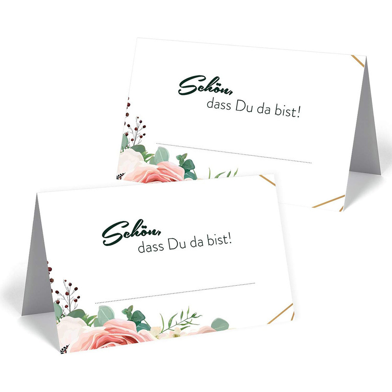 Forest-Style Pink Rose Eucalyptus Leaf Wedding Place Cards, German Welcome Message Guest Seating Cards, Banquet Table Cards