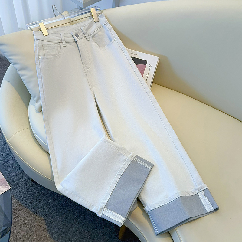 Gray-White Loose Drapey Wide-Leg Jeans for Women, 2026 Spring New Style, Cropped Cuffed Straight Pants for Petite Sizes