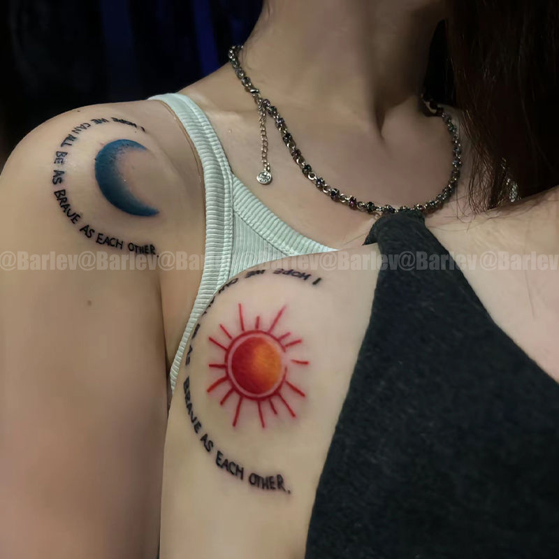 Popular Sun and Moon Colorful Tattoo Stickers for Couples, Niche Stylish, Washable and Long-Lasting Shoulder Simulation Scar Covering