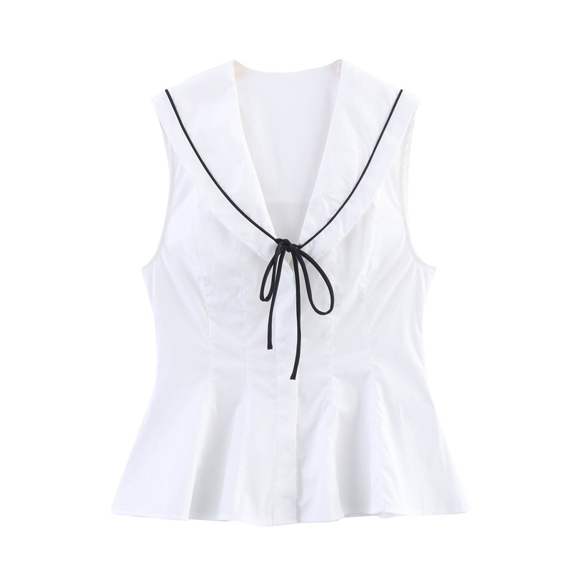 Spring New Women's Bow Trim Poplin Sleeveless Shirt Navy Doll Collar Top 3152006