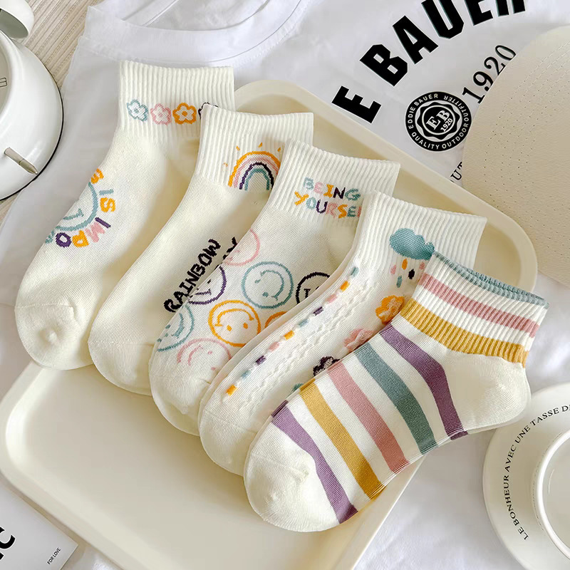 Purple Smiley Face Socks Women's Short Socks Spring and Summer New Cute Cartoon Boat Socks Trendy Shallow Mouth Short Sports Socks