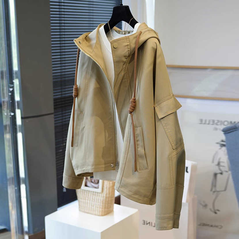 In stock Chanel style this year popular khaki workwear hooded coat women's clothing early Autumn New temperament