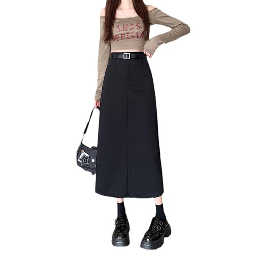 Large size preppy style gray suit covering hips to show slimming skirt women's fat m high waist all-matching a-line medium and long straight skirt
