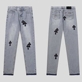 2025年秋春新款CH洗水做旧十字架拼皮牛仔裤时尚长裤潮牌