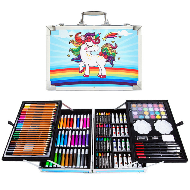 145 caja de aluminio de doble capa, bolígrafo de acuarela, juego para niños, herramienta de dibujo, caja de regalo de pintura, pintura de arte, juego completo de lujo