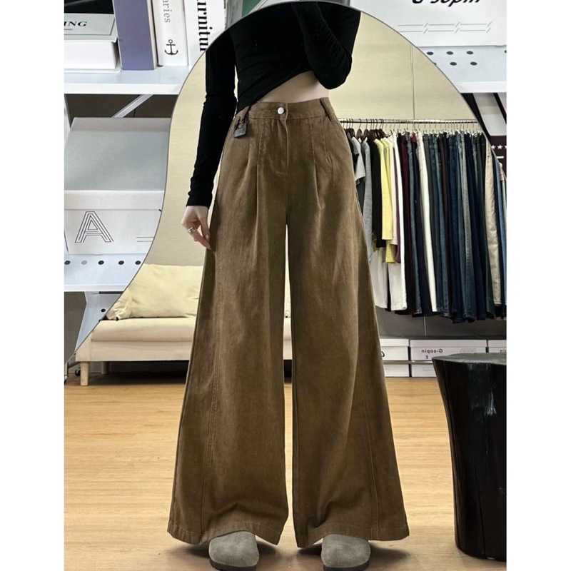 【广州新塘牛仔】美式复古分割做旧败叶黄色牛仔裤女宽松阔腿拖地|undefined