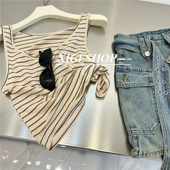 韓版條紋吊帶背心女外穿修身百搭小短款低圓領無袖t恤打底上衣ins